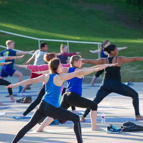 Group of students during a yoga session outside.