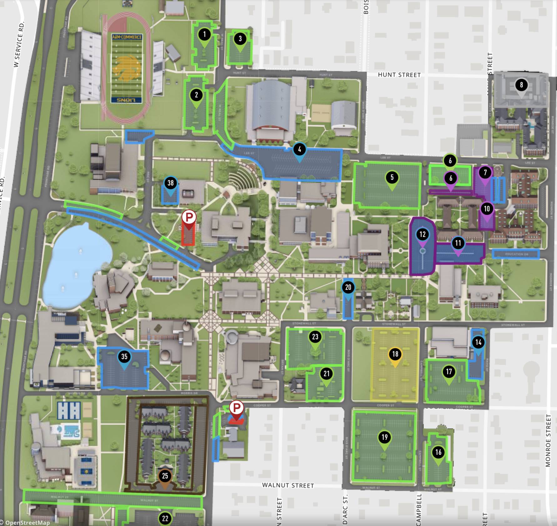 Campus map with parking lots outlined.