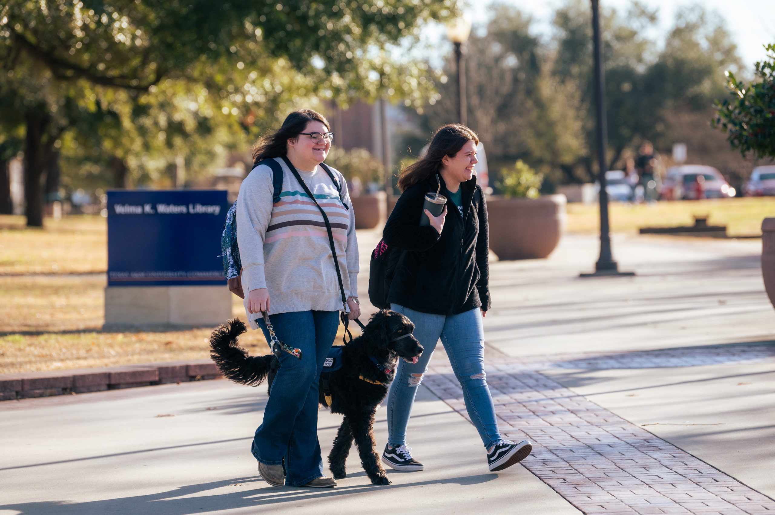 Two female students walking with one who has a service dog.