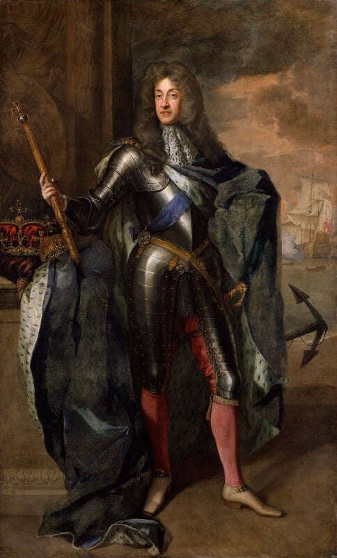 An oil painting of King James II, wearing armor and holding a scepter