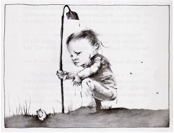 Illustration of a young boy holding hoe in right hand and reaching to pick up a big toe that is sticking out of the ground.