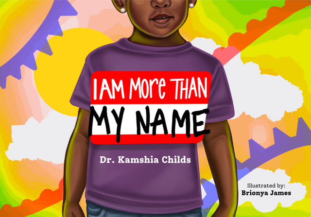 Book cover with an illustration of a child wearing a shirt with a giant name tag featuring the book title and author.
