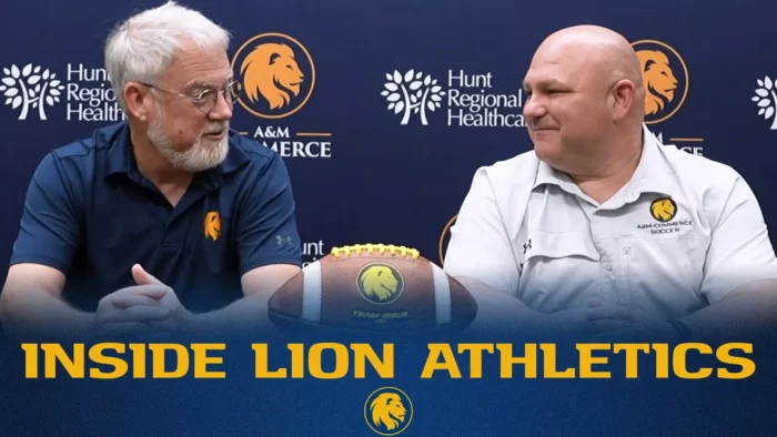 Podcast host and interviewee sit beside each other with football on the table between them. Backdrop behind them is blue with lion head logo and "Hunt Regional Healthcare" logo.