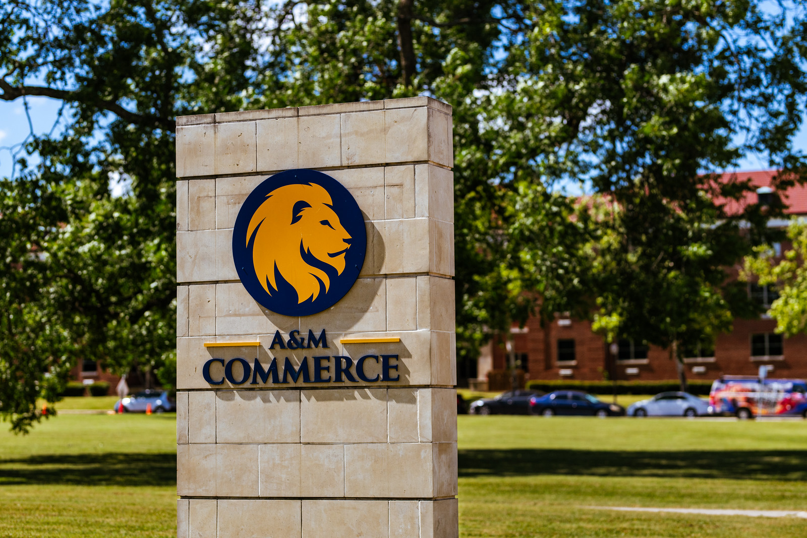 A concrete post with the Lion head logo is displayed in the foreground, and a university campus building and parked cars are displayed in the background.