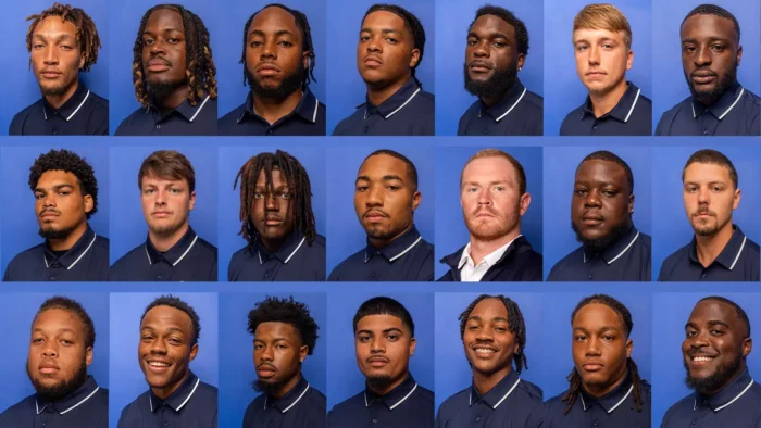 Headshots of 21 athletes. Athletes are all facing the same way, looking to their right.