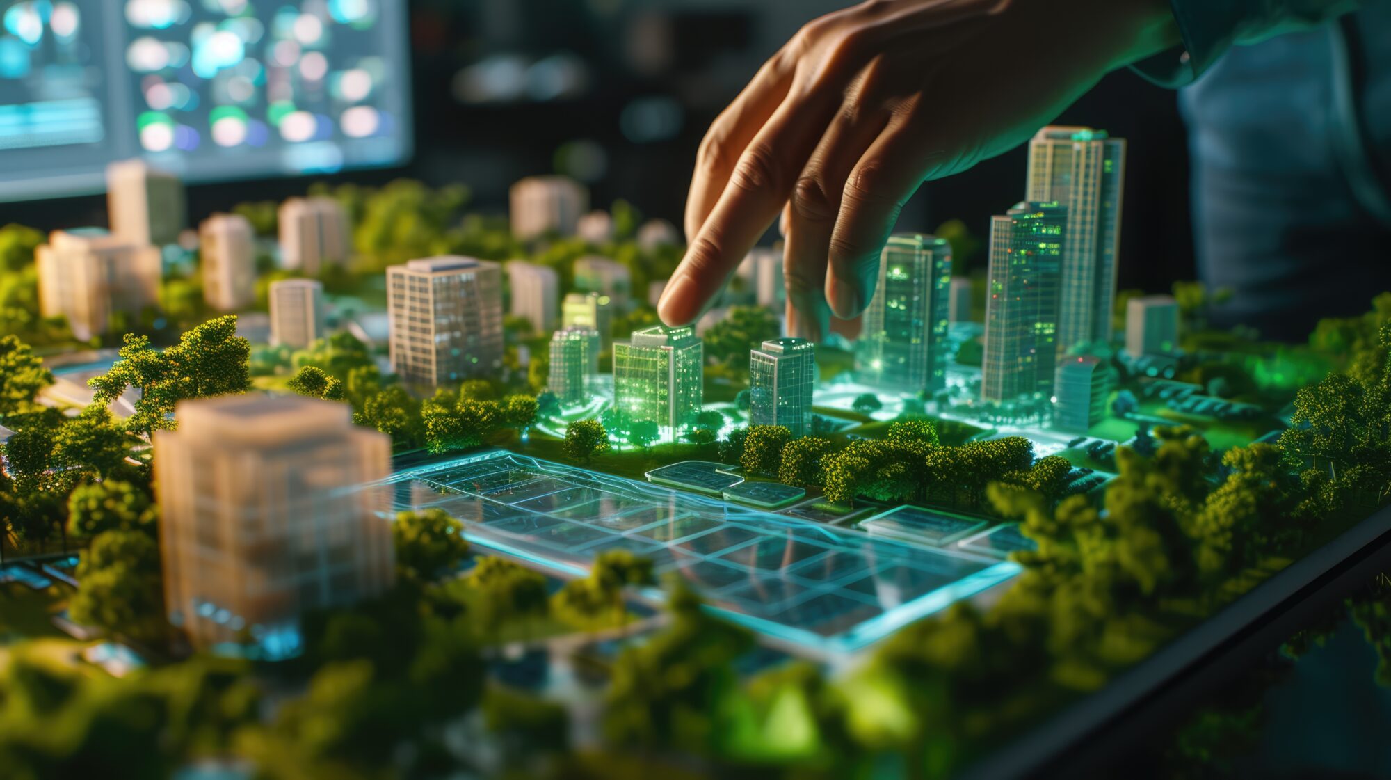 A hand hovers over a 3D digital city model with proposed buildings imposed around existing buildings and landscape.