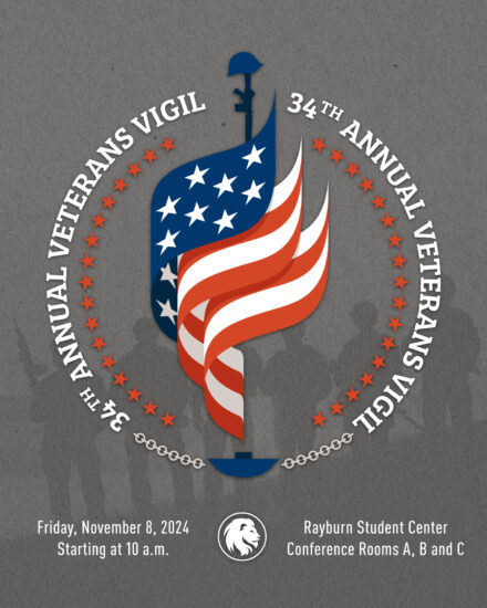 A graphic advertising the 34th annual veterans vigil at Texas A&M University-Commerce