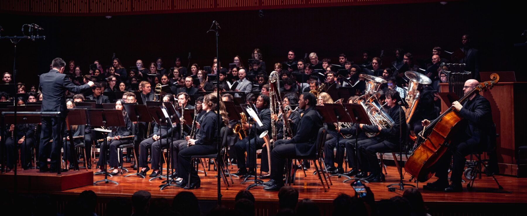 A music ensemble being led by a conductor during a concert.