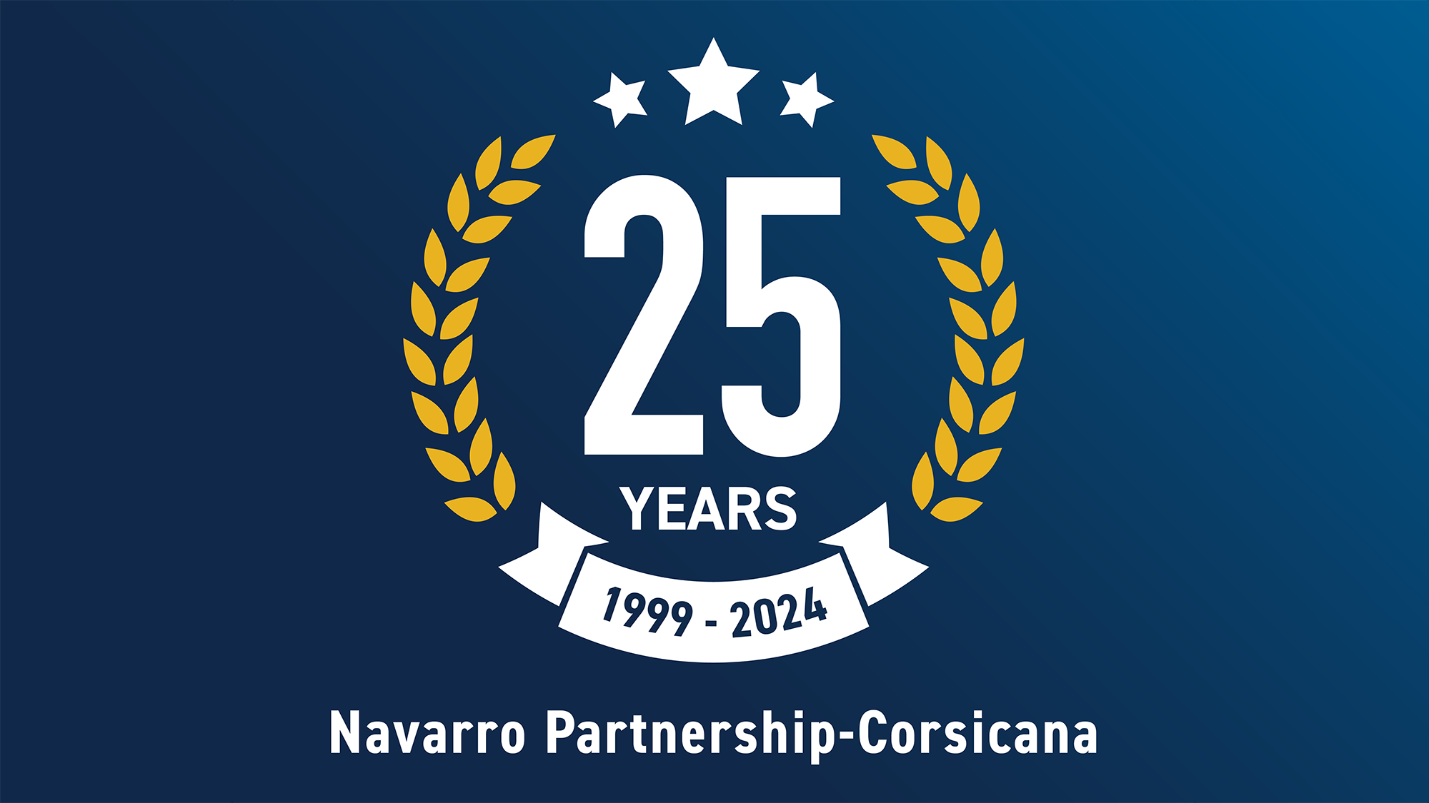 A commemorative logo marking the Navarro Partnership's 25-year anniversary on a dark blue gradient background.