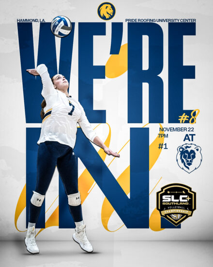 A graphic featuring a volleyball player featuring the text "We're In."