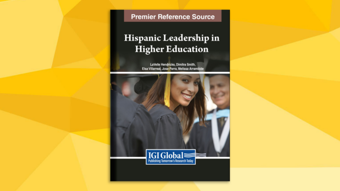 Book cover for "Hispanic Leadership in Higher Education" over a yellow, geometric background, featuring a Hispanic woman wearing a graduation robe, looking over her shoulder toward the viewer.