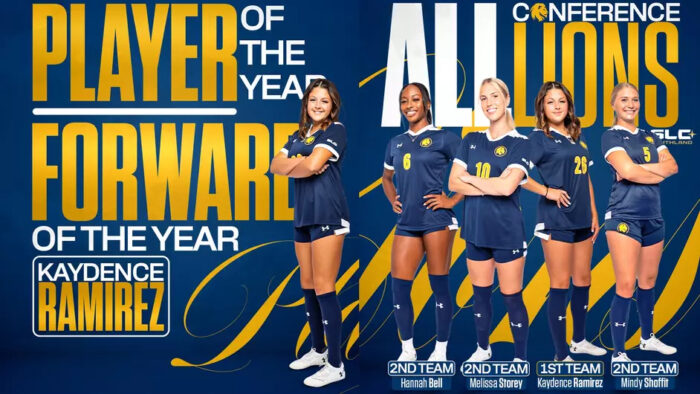 A graphic featuring several soccer players in uniform that reads "Player of the Year and Forward of the Year, Kaydence Ramirez."