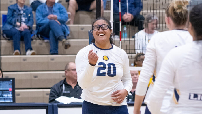 A volleyball player celebrates during a match.