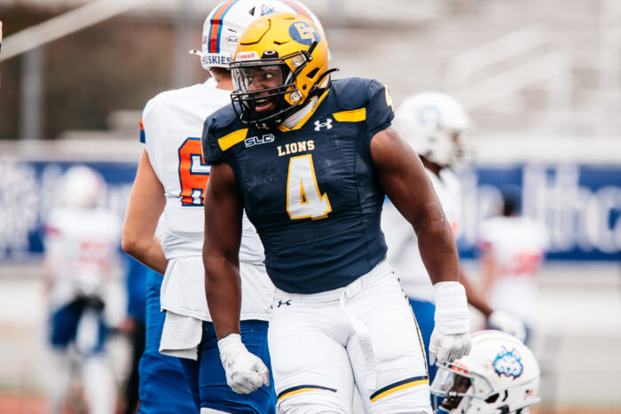 A football player in uniform during a game.