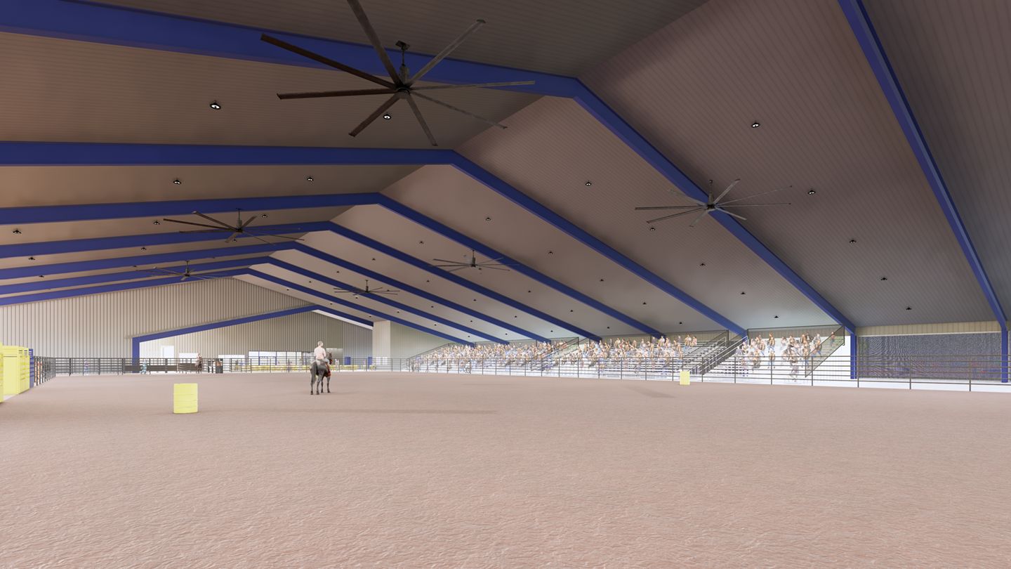 A computer rendering of the inside of a large rodeo arena.