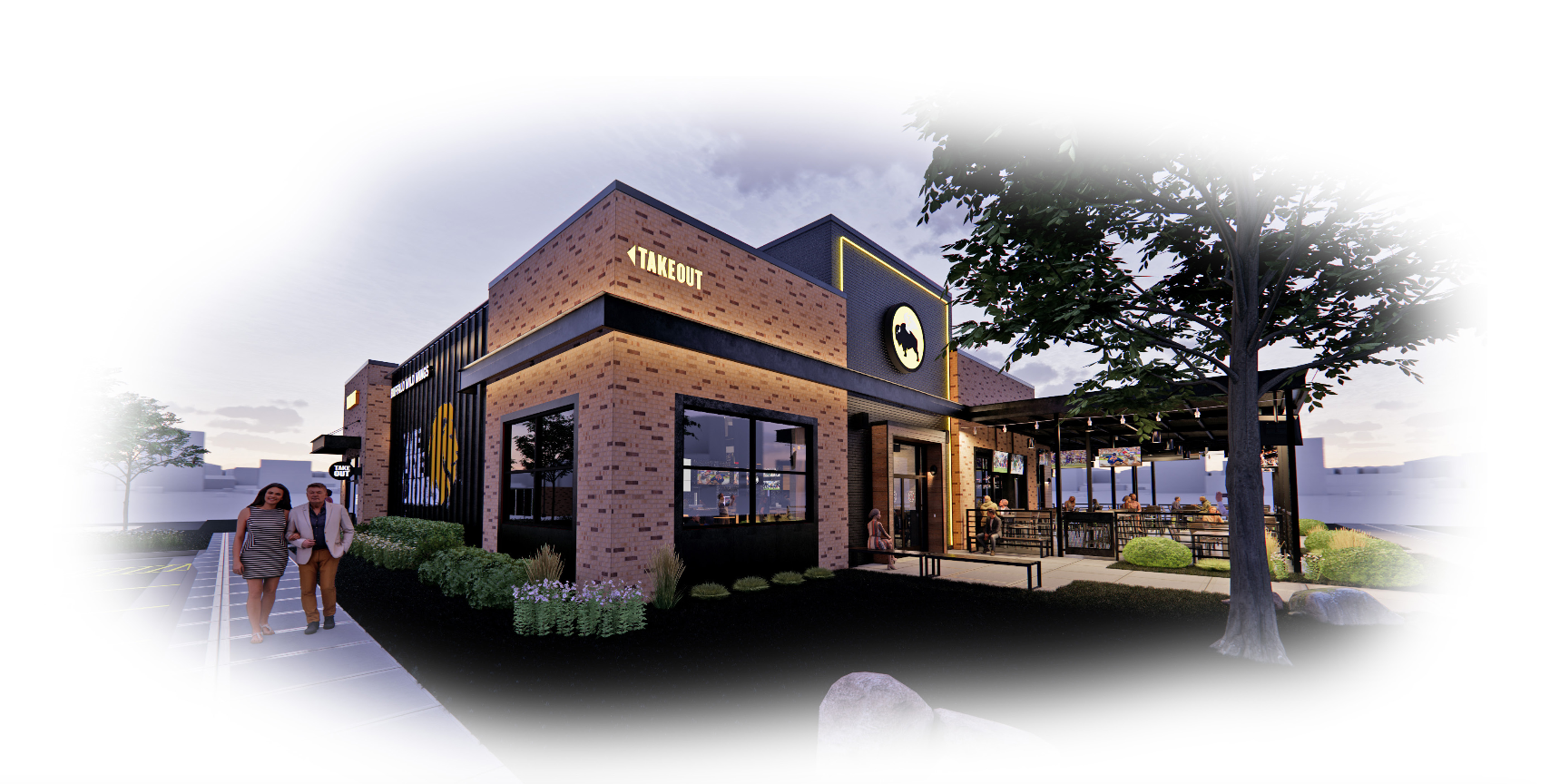 A computer-generated render of a Buffalo Wild Wings restaurant.