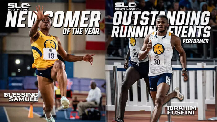 A side-by-side graphic of two track and field athletes that reads "Newcomer of the Year" and "Outstanding Running Events Athlete"